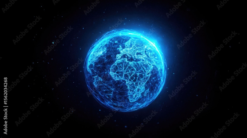 Obraz premium A digital representation of Earth with glowing blue lines and a dark background. The continents are visible, showcasing a network of connections.