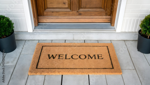 A door mat with the inscription “welcome”. Interior mat