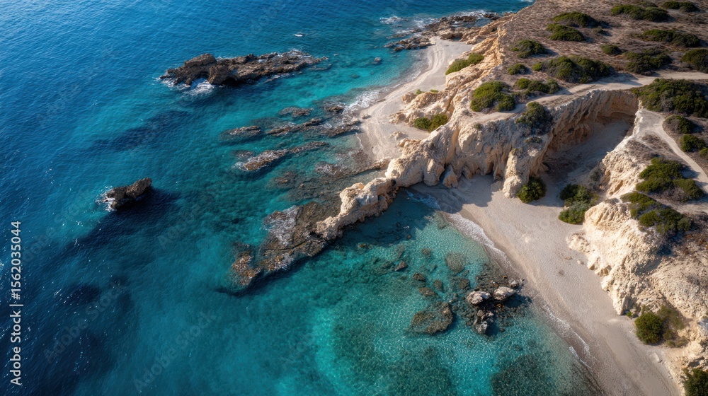 Obraz premium Aerial view of a beach with turquoise water and rocky formations.