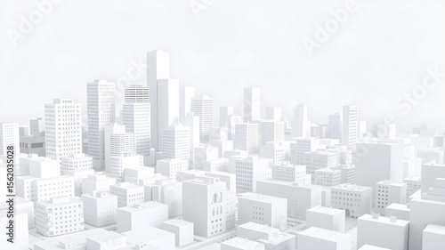 Photo realism. very detailed. wide angle modern smart 3d city white foreground made of white geometric shapes in perspective. Generative AI