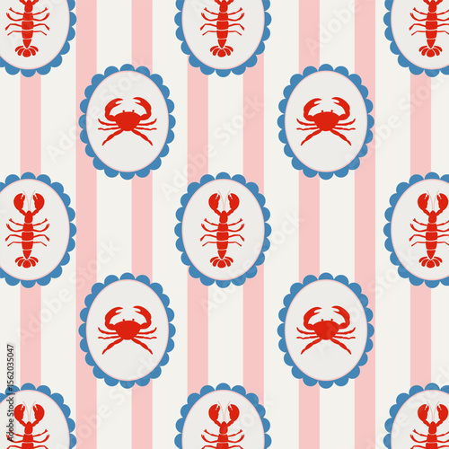 Vintage Mediterranean seamless pattern with crabs and lobsters in circular frames on Stripes. Coastal summer marine print for fabric, wrapping paper, 
and beach decor.