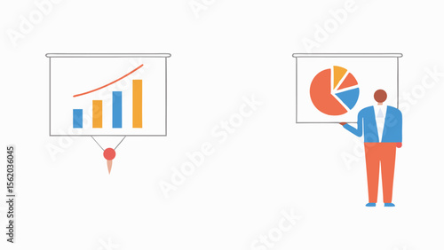 Presentation of business data with bar graph and pie chart on screen by presenter in blue suit and orange pants