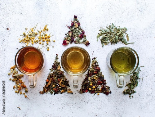 Three different herbal teas are arranged in glass cups, each surrounded by corresponding dried herbs. The warm tea colors contrast with the earthy hues of the herbs, creating a tranquil tea setup