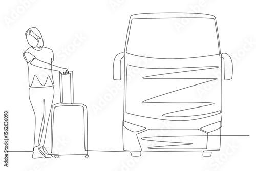 A woman who continues his journey by transiting by bus. Travel in transit concept one-line drawing