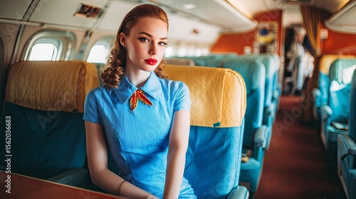 Retro Flight Attendant in Vintage Airplane