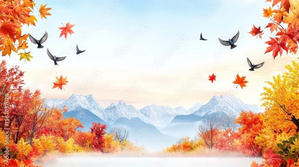 A serene North autumn sky filled with swallows departing southward, with colorful foliage and distant mountains A serene North autumn sky filled with swallows departing southward, with colorful foliage and distant mountains