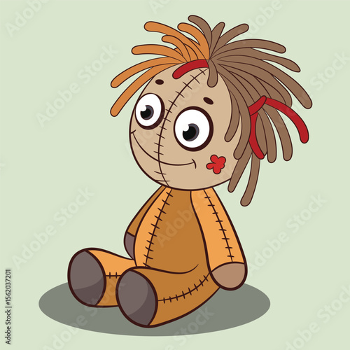 Voodoo doll with dreadlocks sitting down cartoon vector illustration