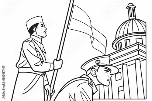 line art for coloring page, Indonesian heroes, proclamation of independence, black and white, bold outlines