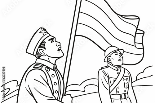 line art for coloring page, Indonesian heroes, proclamation of independence, black and white, bold outlines
