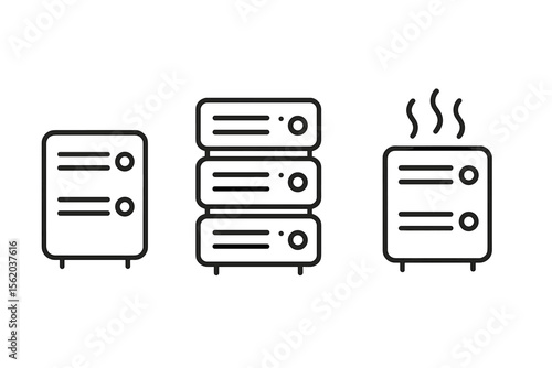 Server technology icons: storage, data, cooling systems vector icon isolated illustration