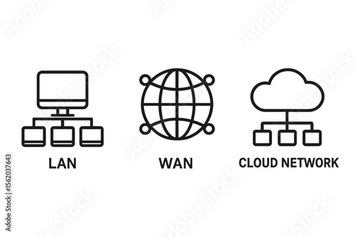 Lan, wan, and cloud network diagram with icons on gray background vector icon isolated illustration