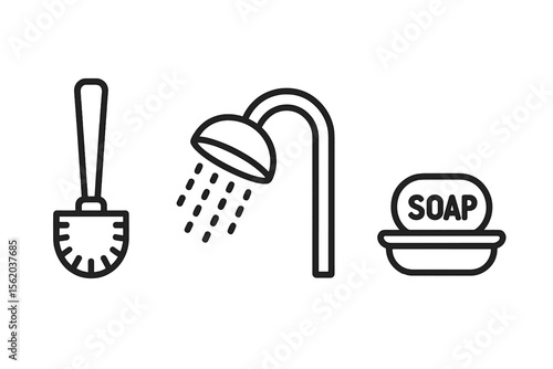 Bathroom icons on dark background: toilet brush, showerhead, soap dish vector icon isolated illustration