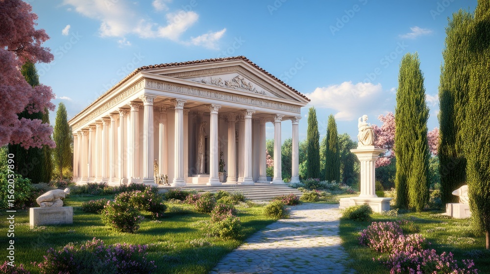 Obraz premium Serene Temple in a Blossoming Garden: A Digital Rendering of Classical Architecture