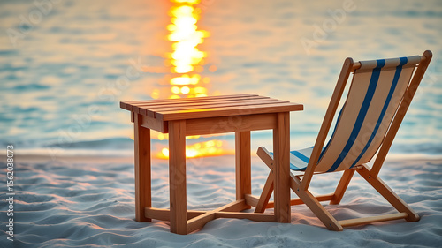 Summer product photo of photorealistic picture of a small natural wooden table next to a deckchair, on a beautiful beach with light sand and light blue water. illuminated by the slightl .Generative AI