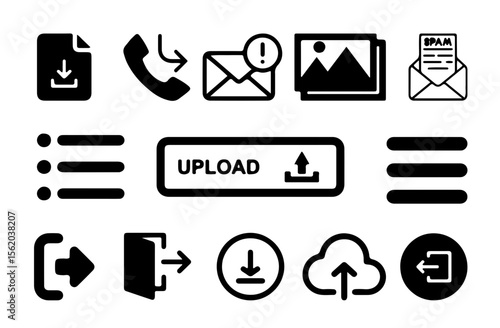 UI and Web Interface Icons Set – Upload, Download, Email, Navigation, and Menu Symbols