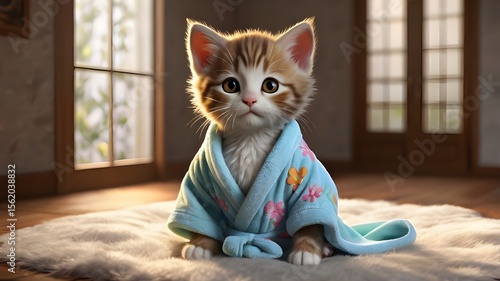 A fluffy ginger kitten wearing light blue colored bath robe