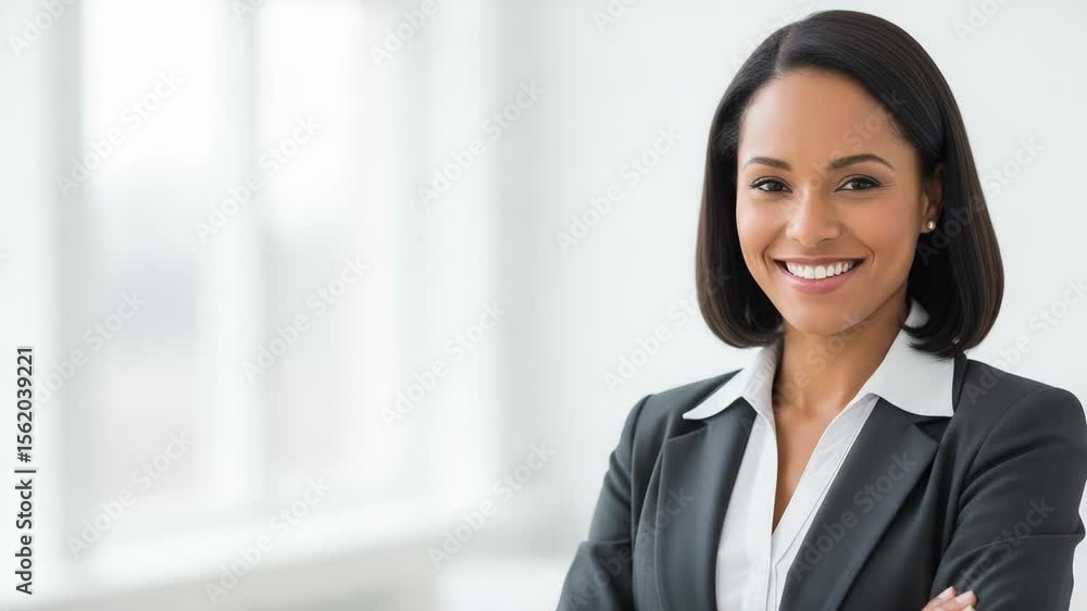 Professional Woman Smiling Confidently in Modern Office Environment Professional Woman Smiling Confidently in Modern Office Environment