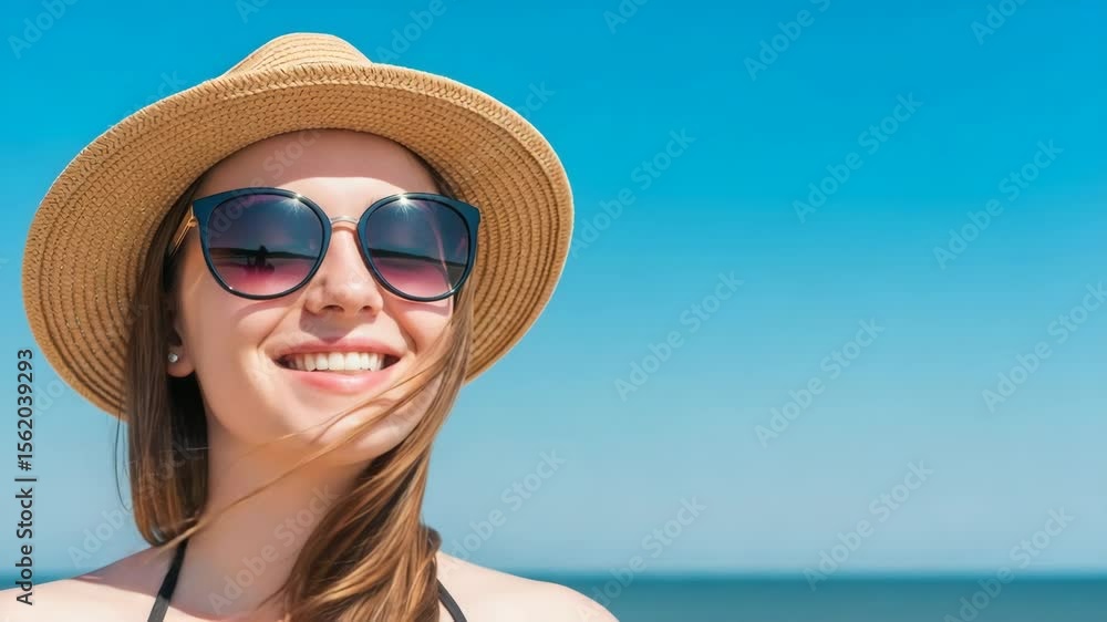 Happy woman enjoying sunny day at beach with sunglasses on head Happy woman enjoying sunny day at beach with sunglasses on head