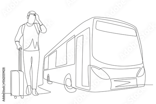A man who continues his journey by transiting by bus. Travel in transit concept one-line drawing