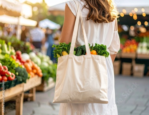 Woman with reusable tote bag filled with fresh produce at an outdoor farmer's market.