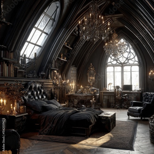 Elaborate gothic bedroom with high ceilings, large windows, and ornate chandeliers casting a warm glow throughout the dark interior.