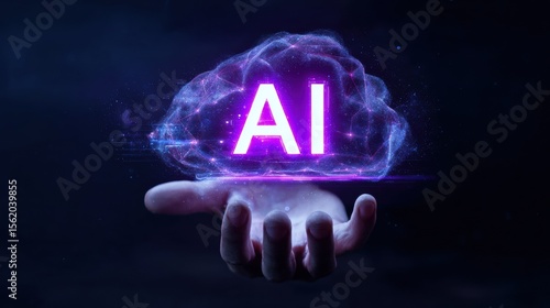 AI Cloud Technology in Hand Glowing Artificial Intelligence Concept on Dark Background.