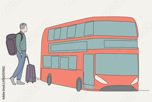 Colored a man who continues his journey by transiting by bus. Travel in transit concept one-line drawing
