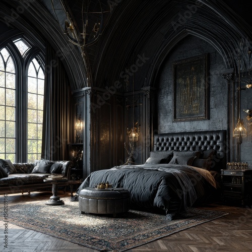 A luxurious Gothic-style bedroom with black walls, a tufted headboard, a leather couch, and an intricate chandelier for a dark, elegant ambiance.