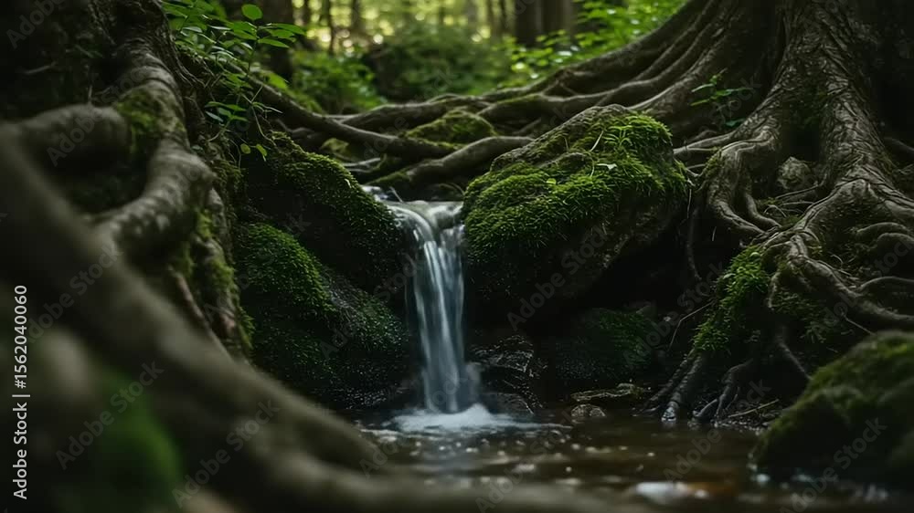 Forest stream with mossy rocks and roots Forest stream with mossy rocks and roots
