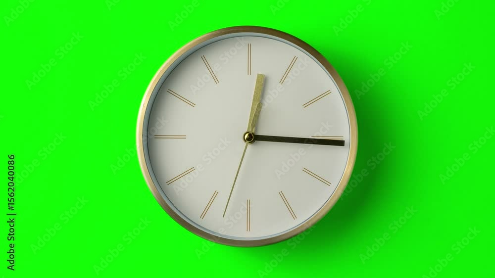 A golden wall clock ticks as the minute and hour hands move smoothly across a vivid green background. The second hand makes a full rotation, showing the passage of time. Timelapse of a clock. A golden wall clock ticks as the minute and hour hands move smoothly across a vivid green background. The second hand makes a full rotation, showing the passage of time. Timelapse of a clock.