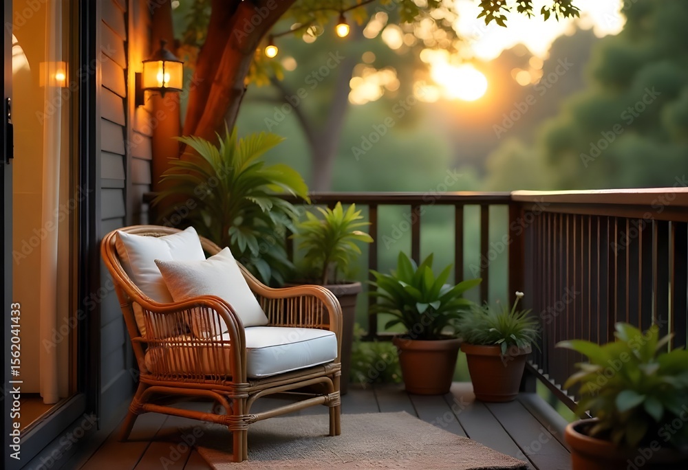 Fototapeta premium Golden autumn in a country house. Beautiful terrace in a private house. Golden autumn in a country house. Autumn sunset on the terrace. Hammock on the terrace