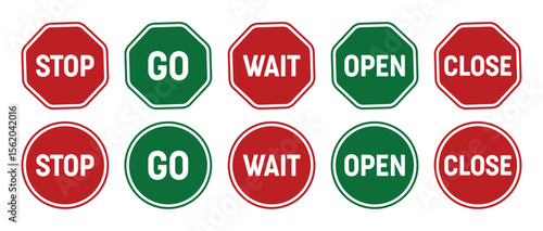 Go, Stop, wait, open and close signs set red and green octagon shapes vecto design illustration