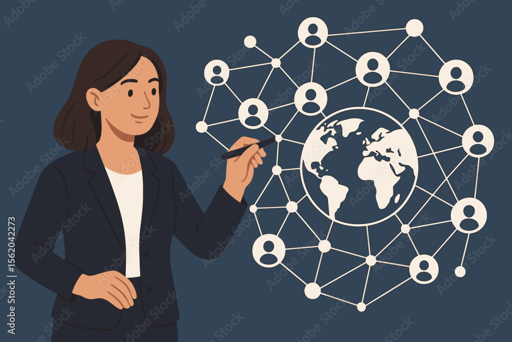 Businesswoman drawing global structure and networking concept. Customer relationship management, CRM, client service, digital marketing and worldwide data exchange. Social connection. Businesswoman drawing global structure and networking concept. Customer relationship management, CRM, client service, digital marketing and worldwide data exchange. Social connection.