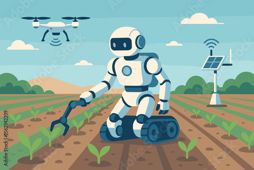 Smart farming concept with an agricultural robot and drone working in a field. Futuristic technology, automation, and AI for precision agriculture. Modern flat vector illustration.