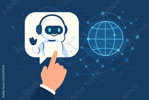 AI chatbot concept with a hand touching a robot application. Virtual assistant for customer support. Machine learning and deep learning for accessing data on a global online network.