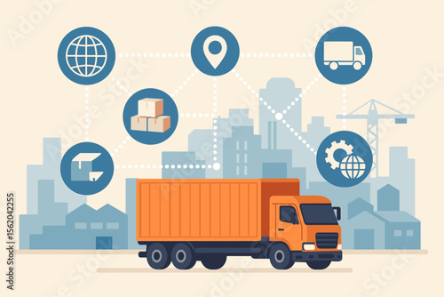 Smart logistics and global transportation network concept. Cargo truck delivering packages in an urban city. Supply chain management illustration with icons for shipping, freight, and distribution.