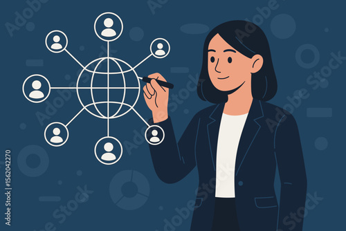 Businesswoman drawing global structure networking diagram for data exchanges and customer connections. Concept for CRM, client service, digital marketing, and social media.