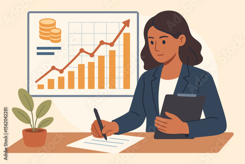 Business woman analyzing sales data and writing a financial report. Female analyst working on investment strategy with economic growth graph and chart. Modern vector illustration.