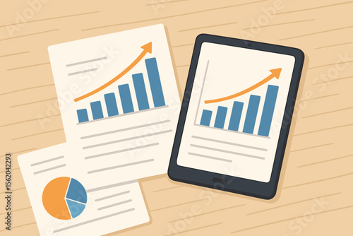 Business data analysis with financial reports on paper and tablet. Sales graphs and statistics showing growth and profit. Marketing analytics and economic forecast concept illustration.