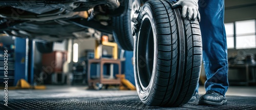 The mechanic changing a tire in a modern auto repair workshop.