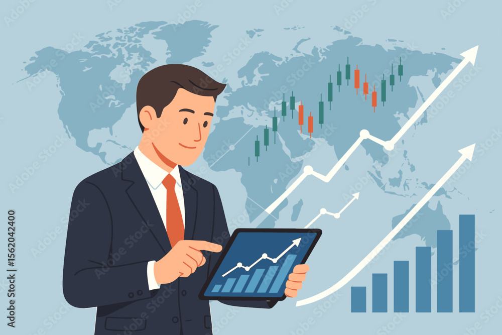Businessman analyzing financial data on a digital tablet. Investment growth concept with stock market chart, graph, and world map. Global business strategy and trading analysis. Businessman analyzing financial data on a digital tablet. Investment growth concept with stock market chart, graph, and world map. Global business strategy and trading analysis.