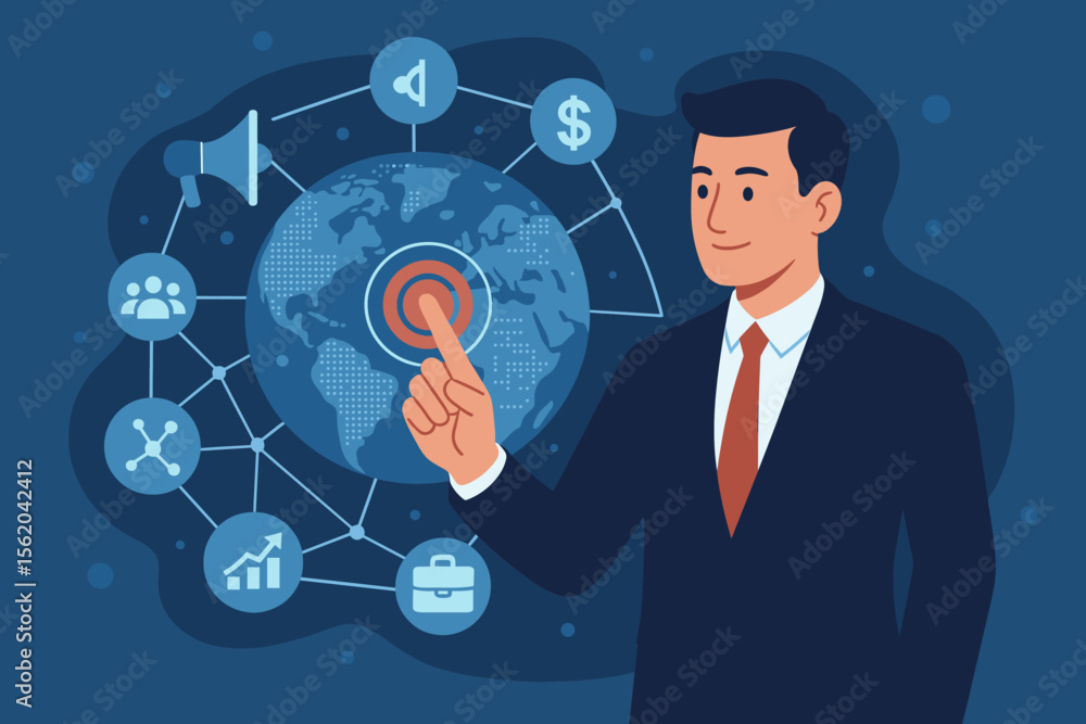 Businessman managing global business via digital interface. Concept of international strategy, marketing, finance, HR, growth, and customer network. Technology and development. Businessman managing global business via digital interface. Concept of international strategy, marketing, finance, HR, growth, and customer network. Technology and development.