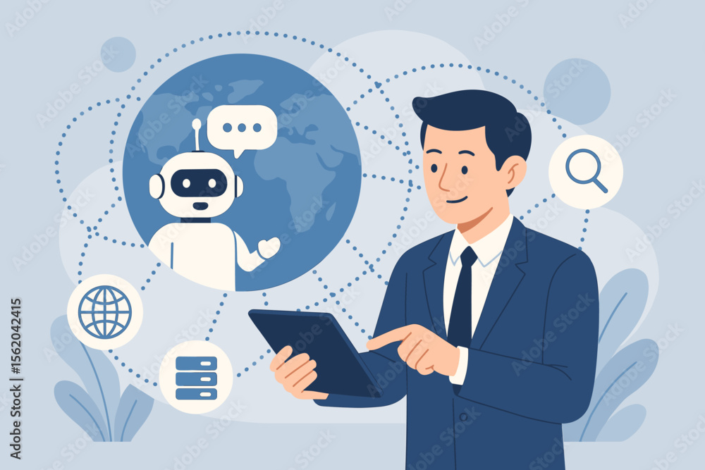 Businessman using tablet with AI chatbot for global business and customer service. Artificial intelligence robot application providing access to online network data and search. Businessman using tablet with AI chatbot for global business and customer service. Artificial intelligence robot application providing access to online network data and search.