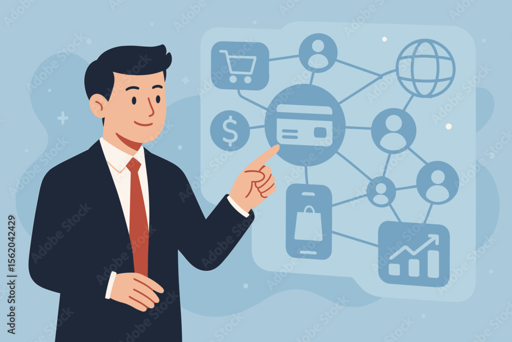 Businessman using a virtual interface for fintech and e-commerce. Concept for online banking, digital payments, and customer network management. Global business technology and financial innovation. Businessman using a virtual interface for fintech and e-commerce. Concept for online banking, digital payments, and customer network management. Global business technology and financial innovation.