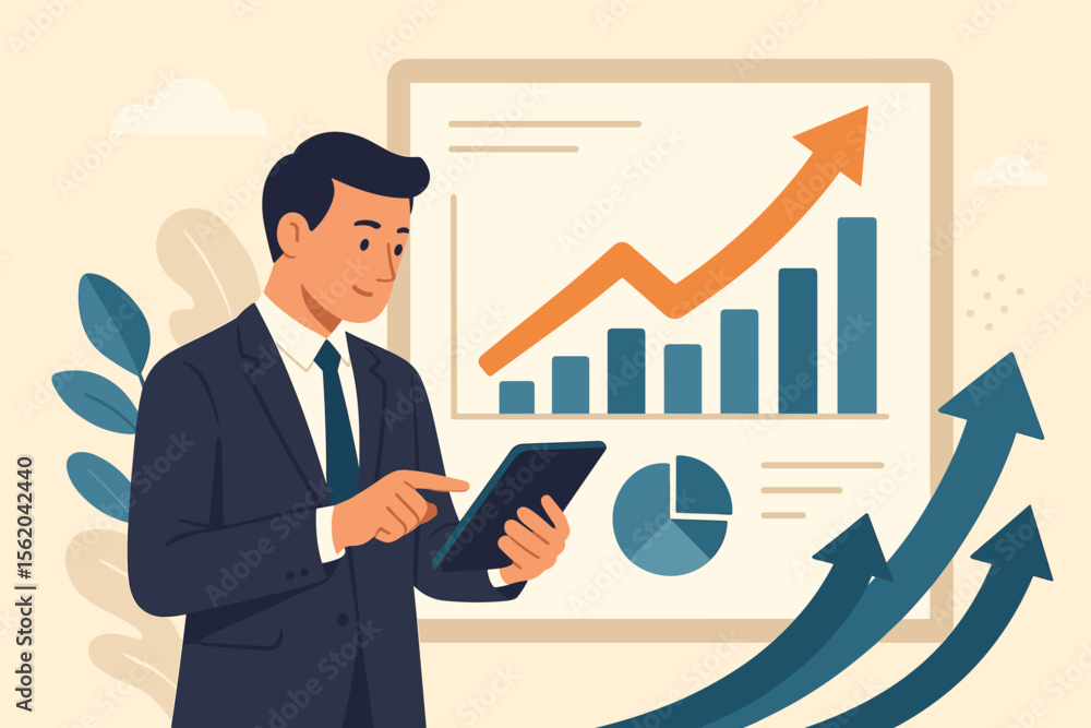 Businessman using a tablet analyzing sales data and economic graphs. Financial report on a presentation board. Concept of business growth, investment strategy, market success, profit. Businessman using a tablet analyzing sales data and economic graphs. Financial report on a presentation board. Concept of business growth, investment strategy, market success, profit.