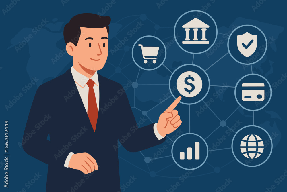 Businessman using fintech interface with icons for online banking, payments, and e-commerce. Global financial network, secure transactions, and customer data. Business innovation concept. Businessman using fintech interface with icons for online banking, payments, and e-commerce. Global financial network, secure transactions, and customer data. Business innovation concept.