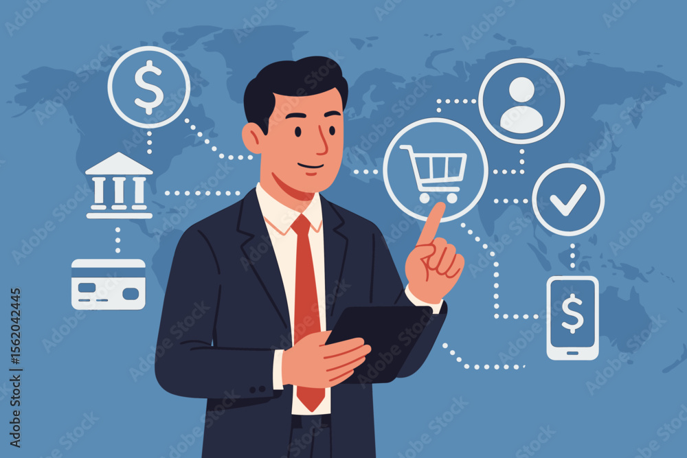 Businessman using tablet for online shopping and global payments. Financial technology vector concept with virtual interface, digital banking icons, and customer network connection. Businessman using tablet for online shopping and global payments. Financial technology vector concept with virtual interface, digital banking icons, and customer network connection.