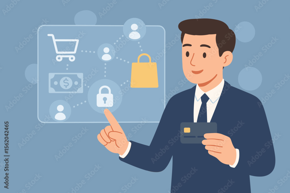 Businessman using credit card for online shopping and secure payment. E-commerce and digital transaction technology concept. Man interacting with virtual interface for data protection. Businessman using credit card for online shopping and secure payment. E-commerce and digital transaction technology concept. Man interacting with virtual interface for data protection.