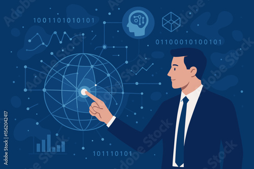 Businessman touching global network on a virtual interface. Concept for big data analysis, AI, metaverse, and future technology. Global connection, digital transformation and innovation.