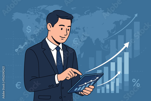 Businessman or financial analyst using a digital tablet for stock market analysis. Concept of global business investment, successful trading, banking, and financial growth strategy.